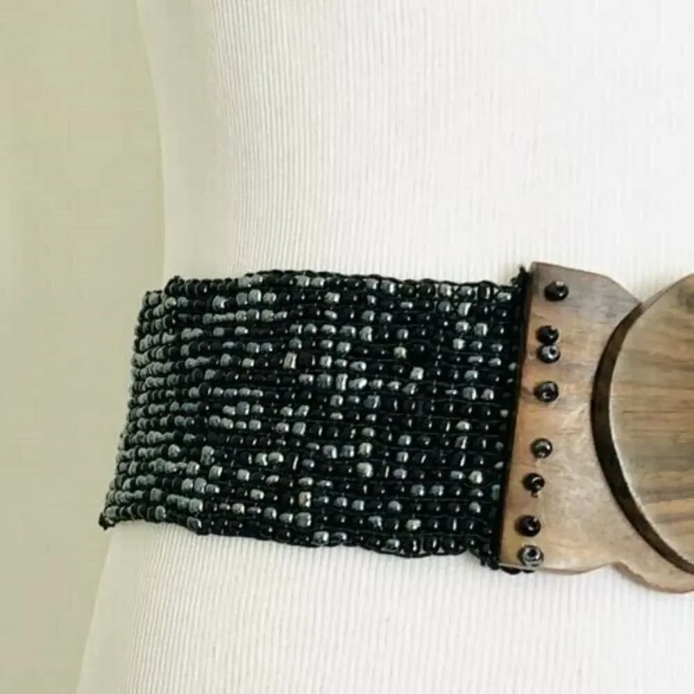 Los Angeles Boutique Beaded Stretch Belt Wood HANDMADE Black Bali Fashion Chic